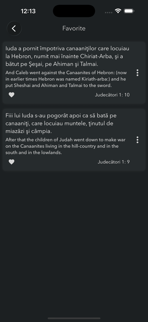 Biblia Cornilescu - A mobile screen showing favorited Bible verses in Romanian and English in dark mode