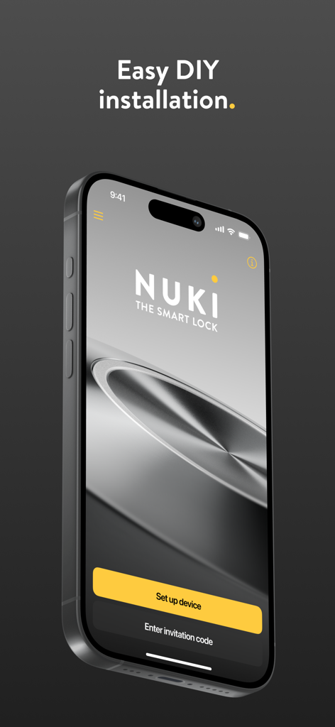 Nuki Smart Lock - Nuki Smart Lock app interface on an iPhone displaying easy DIY installation and device setup buttons