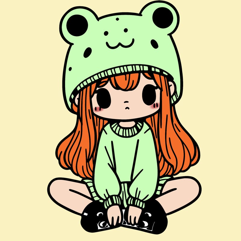 a girl wearing a frog hat and some frog socks