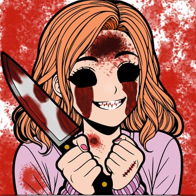 a realistic girl holding a knife and grinning