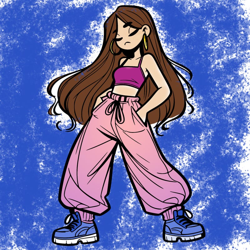 girl in baggy pants crop top and long hair