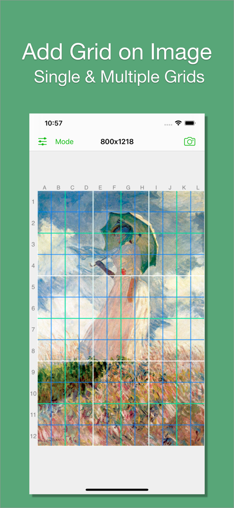Screenshot of the Grid app showing multiple colorful grid layers over a classic painting for drawing reference