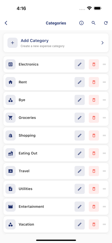 TrackMyExpense - Expense categories management screen in the TrackMyExpense app showing a list of labels like Rent Groceries and Travel