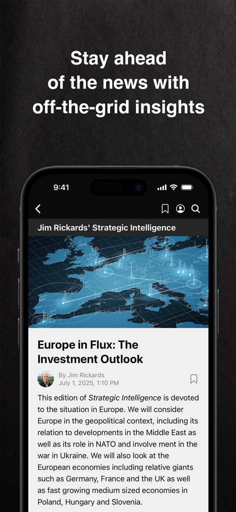 Paradigm Press - Screenshot der Paradigm Press App, der einen Finanzartikel von Jim Rickards mit dem Titel "Europe in Flux" zeigt