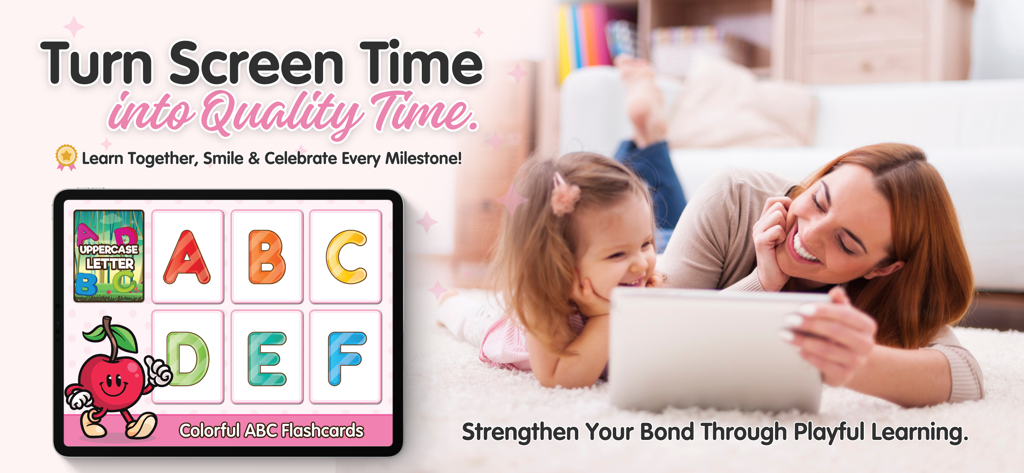ABC Alphabet Flash Cards Games - A mother and her young daughter smiling while using the ABC Alphabet Flash Cards app on a tablet together.