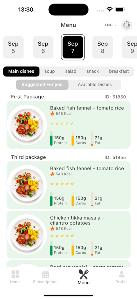 V-SHAPE app menu interface showing healthy meal options with macro and calorie tracking