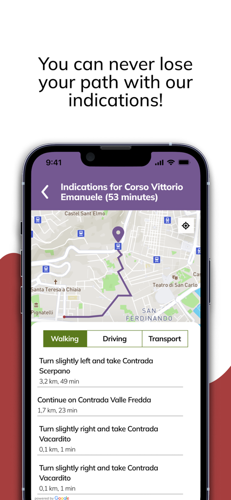 EasyMetro Italy - EasyMetro Italy app screen displaying turn by turn walking directions and a route map for Naples