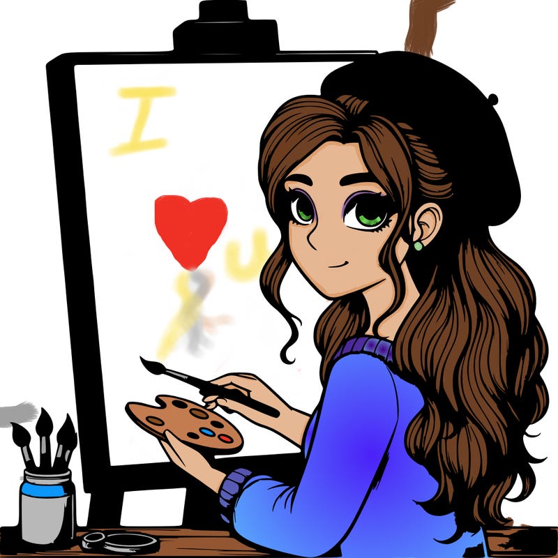 realistic girl artist painting a blank canvas