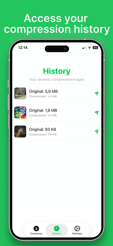 Image Compressor: Pro - History screen of the Image Compressor Pro app showing a log of recently compressed images and file size comparisons.