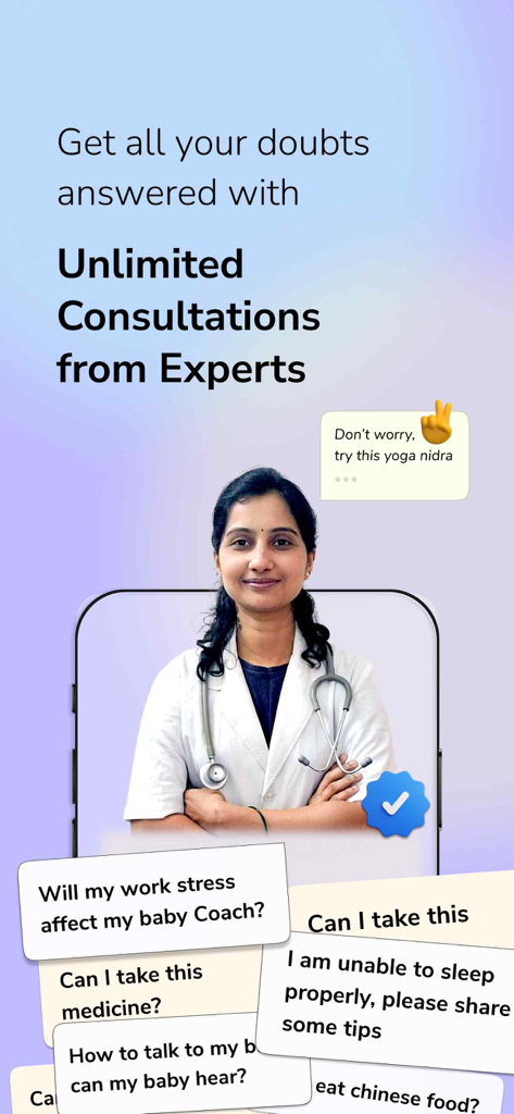 iMumz app screen showing a medical expert and common pregnancy questions for unlimited consultations.