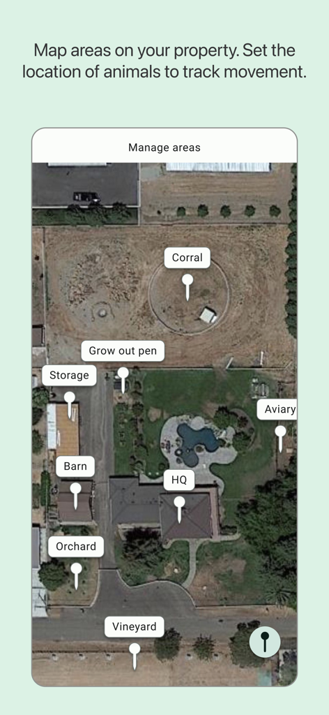 FarmKeep app screen showing a satellite map of a farm property with area labels like barn and orchard