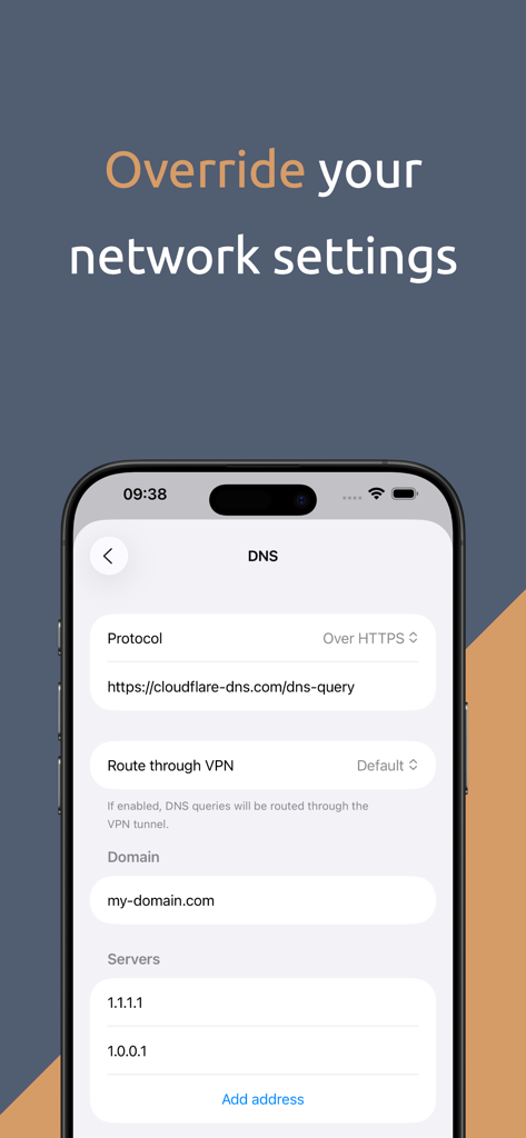 Passepartout, VPN Client - Interface of Passepartout VPN app showing advanced DNS configuration with DNS over HTTPS and custom server addresses