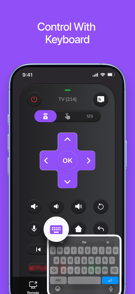 Interfaz de la aplicación de control remoto móvil para TV Roku mostrando una superposición de teclado para una fácil entrada de texto y búsqueda.