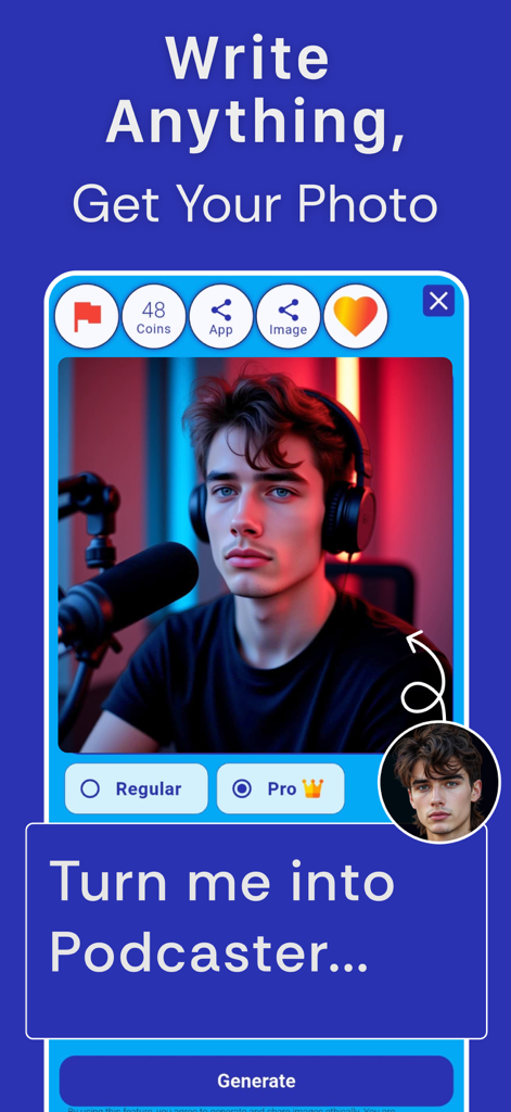 How Old Do I Look - Future Me - テキストプロンプトに基づいてポッドキャスターに変身した若い男性を表示するAI写真ジェネレーターインターフェース。