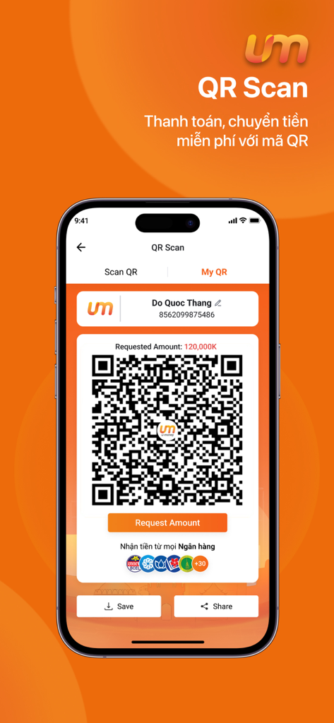 Interface of the u-money app showing a personal QR code for receiving money transfers