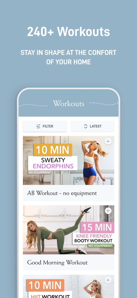 A mobile screen from the Pam Fitness and Food app displaying a library of over 240 at home workouts including ab and booty routines