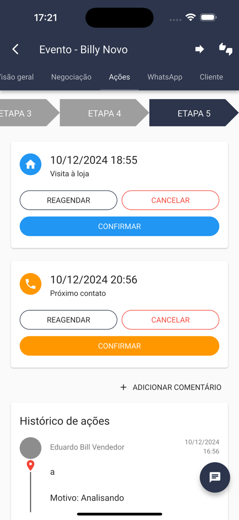 Interface do aplicativo móvel CRM Syonet para gerenciar ações de vendas como visitas à loja e acompanhamentos de clientes