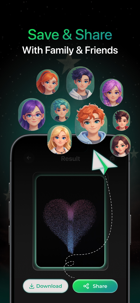 Hand Control: Hand Sign Master - Screenshot of Hand Control app showing options to save and share particle creations with friends