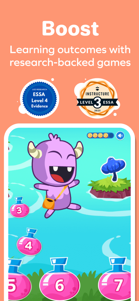 A SplashLearn app screenshot highlighting research-backed learning outcomes and a fun monster math game.