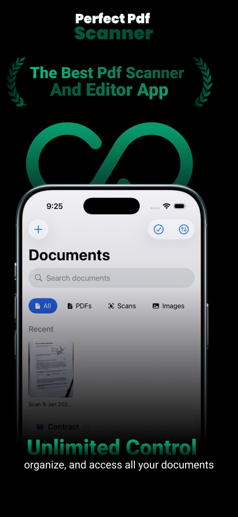 Perfect Pdf Scanner - La pantalla de gestión de documentos de la aplicación Perfect PDF Scanner en un iPhone mostrando un acuerdo de sociedad escaneado