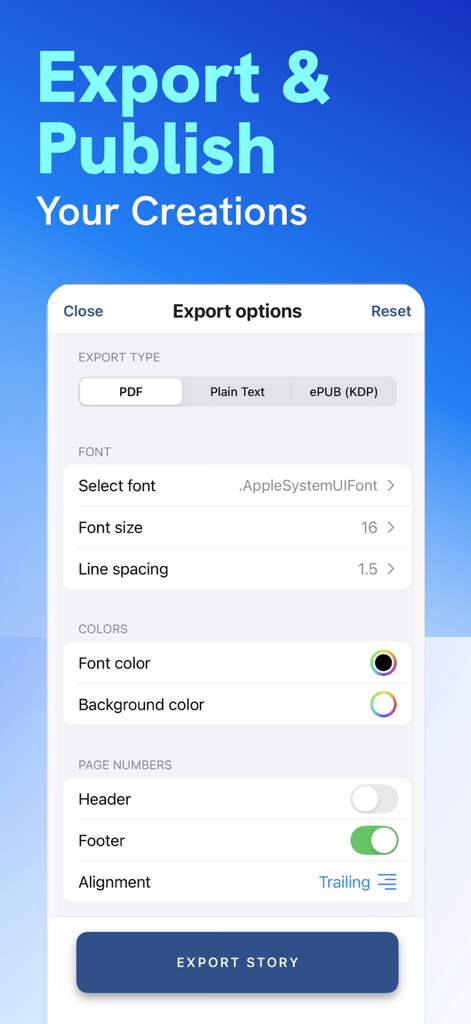 Author AI: Book Creator - Pantalla de opciones de exportación en la aplicación Author AI que muestra la configuración de publicación en PDF y ePUB