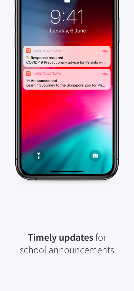 Parents Gateway - Push-Benachrichtigungen der mobilen App Parents Gateway für Schulankündigungen auf dem Sperrbildschirm eines iPhones
