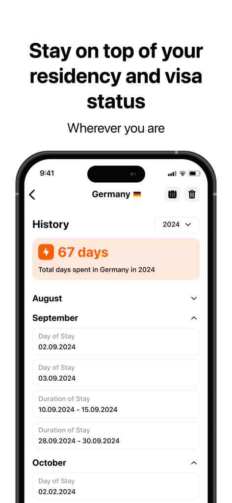 Country Tracker Pro - Tela do aplicativo Country Tracker Pro exibindo histórico de viagens e dias totais passados na Alemanha para conformidade de residência e visto