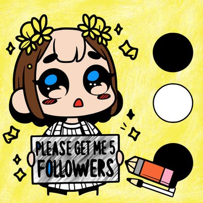 a girl with a sign that says please get me to 5 followers