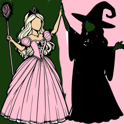 detailed realistic split of a princess and a witch