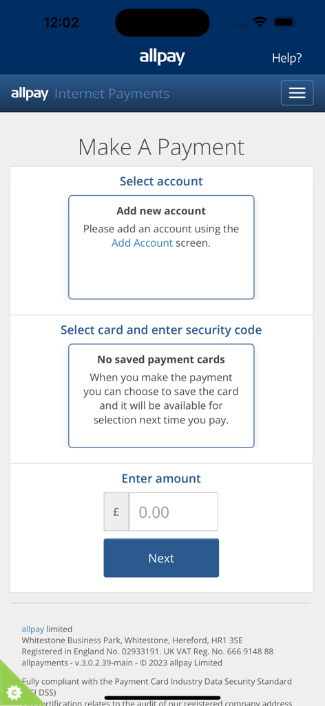 Screenshot of the allpay app Make A Payment screen showing fields to select an account, enter payment card details, and input a bill amount.
