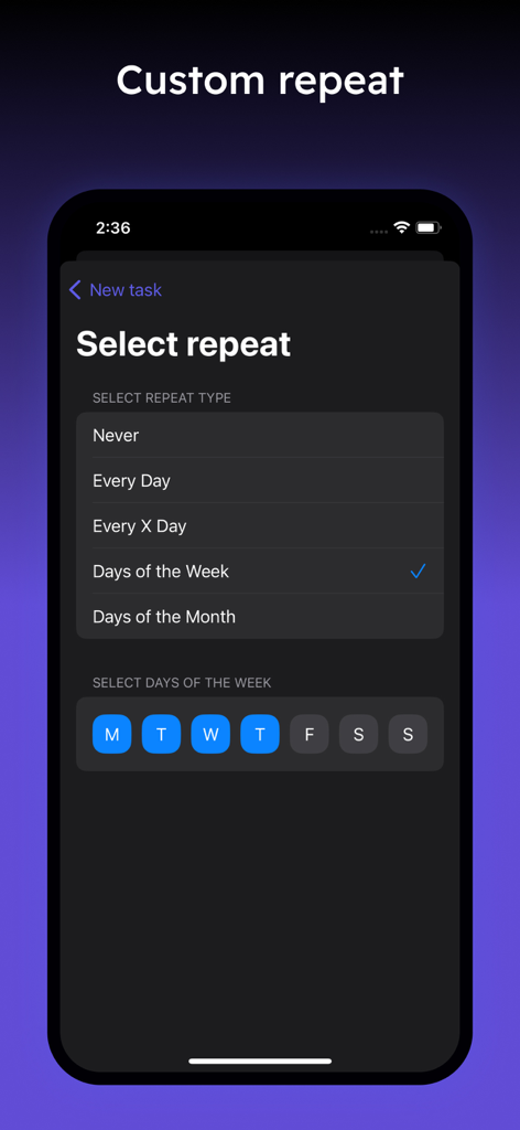 Pantalla de la aplicación Daily Planner que muestra opciones para configurar repeticiones de tareas personalizadas seleccionando los días de la semana.