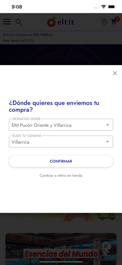 Eltit app popup screen for selecting shipping location and commune