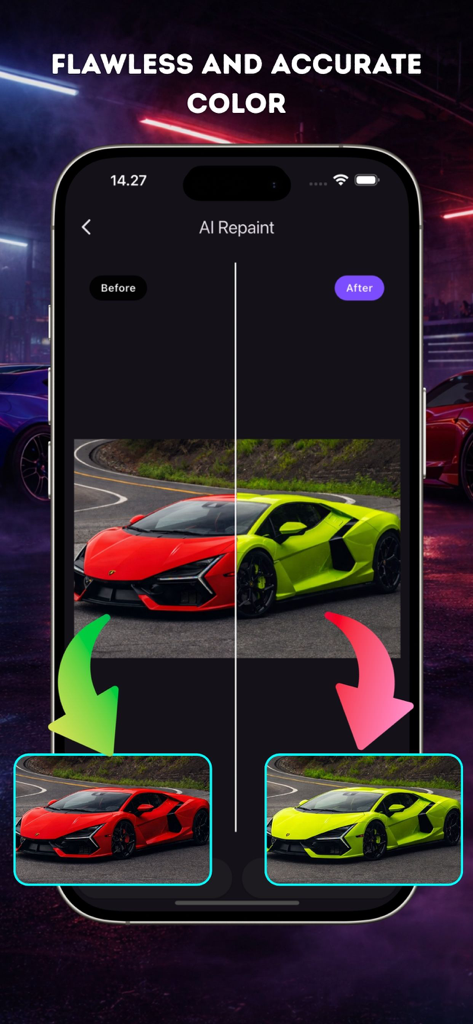 Car Color Editor Ai Repaint - Comparación lado a lado de antes y después que muestra un coche deportivo rojo repintado a verde lima usando tecnología IA