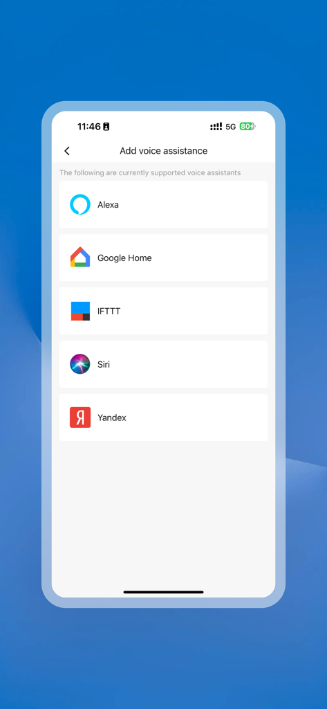 Tela do aplicativo BroadLink mostrando opções de integração de assistentes de voz, incluindo Alexa, Google Home e Siri