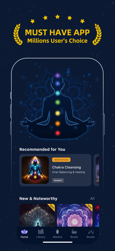Chakra Meditation Reiki Guided app home screen showing chakra cleansing and energy healing options