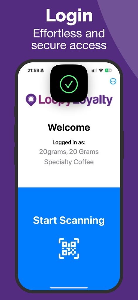 Login screen of the Loopy Loyalty Stamper app for a specialty coffee shop showing the welcome message and start scanning button