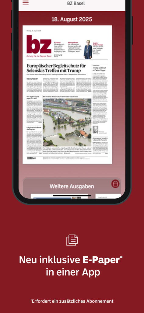 bz Zeitung aus Basel app showing the digital newspaper e-paper on a smartphone