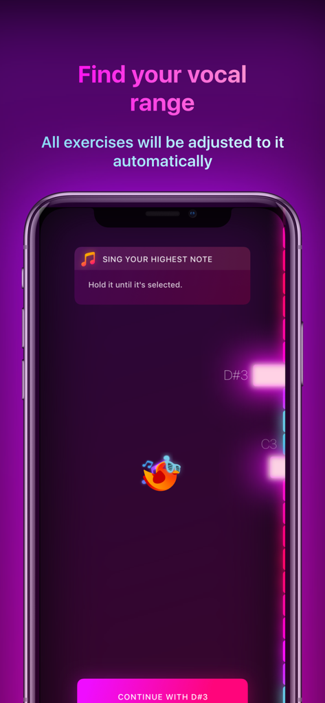Vocal Workout: Singing lessons - A mobile interface from the Vocal Workout app showing a user's vocal range detection with a pitch monitor and highest note prompt.