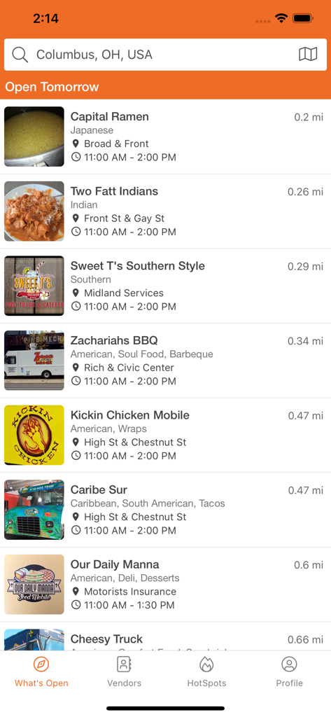 StreetFoodFinder - A mobile app interface showing a list of available food trucks in Columbus Ohio including Japanese Indian and BBQ options