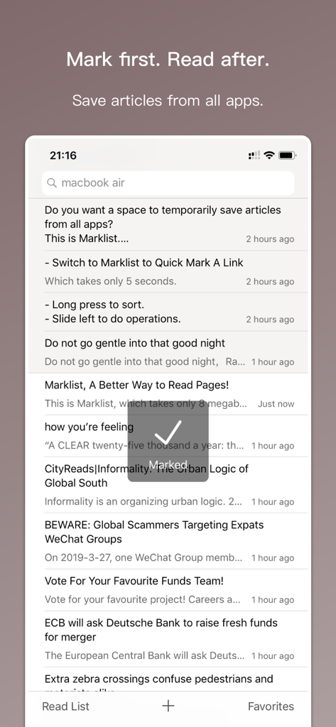 Marklist - Manage Later Things - Marklist app interface showing a list of saved articles to read later and a marked confirmation
