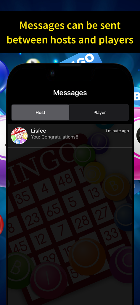 BingoBongo - Bingo Game - Pantalla de la aplicación BingoBongo que muestra la interfaz de mensajería entre anfitrión y jugadores