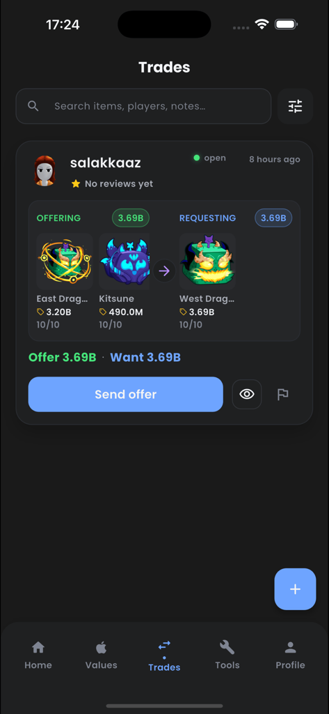 Blox Fruits: Values & Trades - Blox Fruits-Handelsplattform, auf der ein Benutzer einen Fruchtaustausch für East Dragon und Kitsune anbietet.