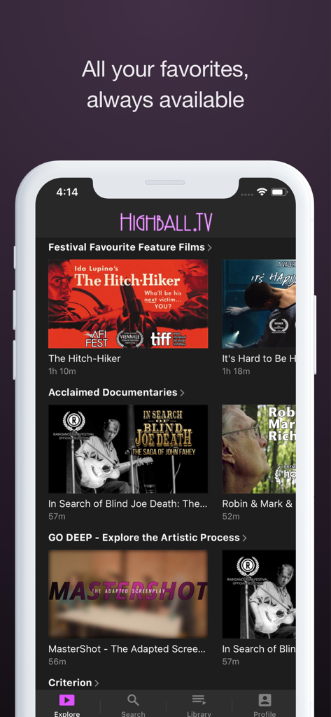 HighballTV - HighballTV mobile app interface displaying curated sections for festival feature films and acclaimed documentaries