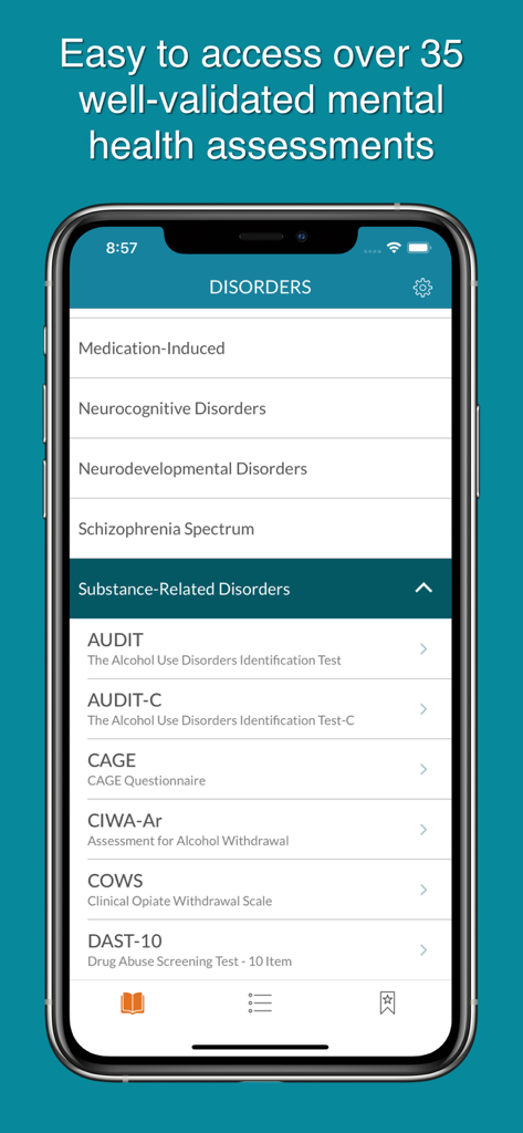 Psych On Demand - Un'interfaccia mobile per l'app Psych On Demand che mostra un elenco di strumenti di valutazione della salute mentale categorizzati per disturbi clinici.