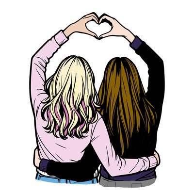 two friends with their backs turned and their hands in a heart realistic