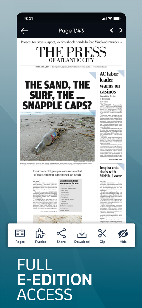 The Press of Atlantic City - A smartphone displaying the full digital e-edition of The Press of Atlantic City newspaper.
