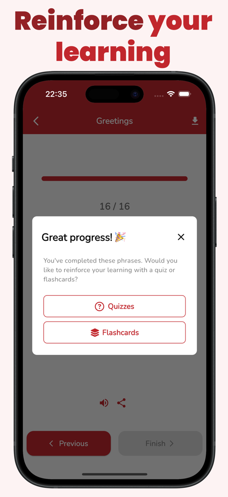 GoDarija Learn Moroccan Arabic - GoDarija app interface showing options to reinforce Moroccan Arabic learning through quizzes and flashcards