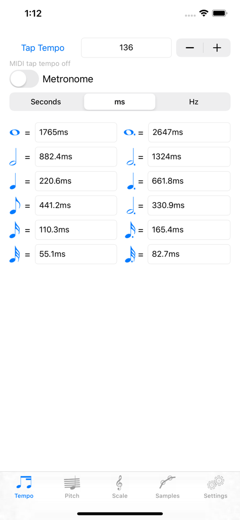 Quaver - A screen from the Quaver app showing musical delay time calculations in milliseconds for various note values based on a set tempo.