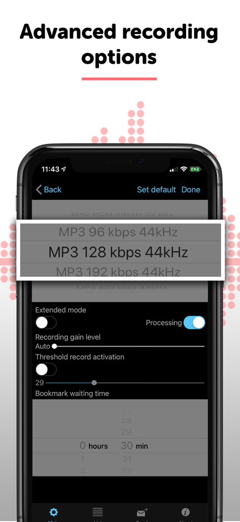 Erweiterte Aufnahmeoptionen in ALON Diktiergerät, die die Auswahl der Audio-Bitrate und Einstellungen zur Verstärkungsregelung zeigen.