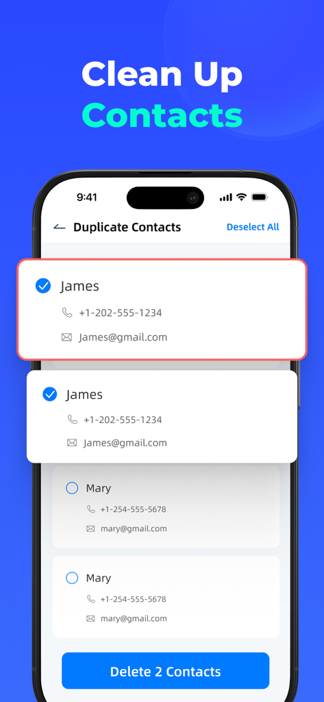 Speed Cleaner: AI Phone Clean - Interface of the Speed Cleaner app showing a list of duplicate contacts selected for deletion on an iPhone.